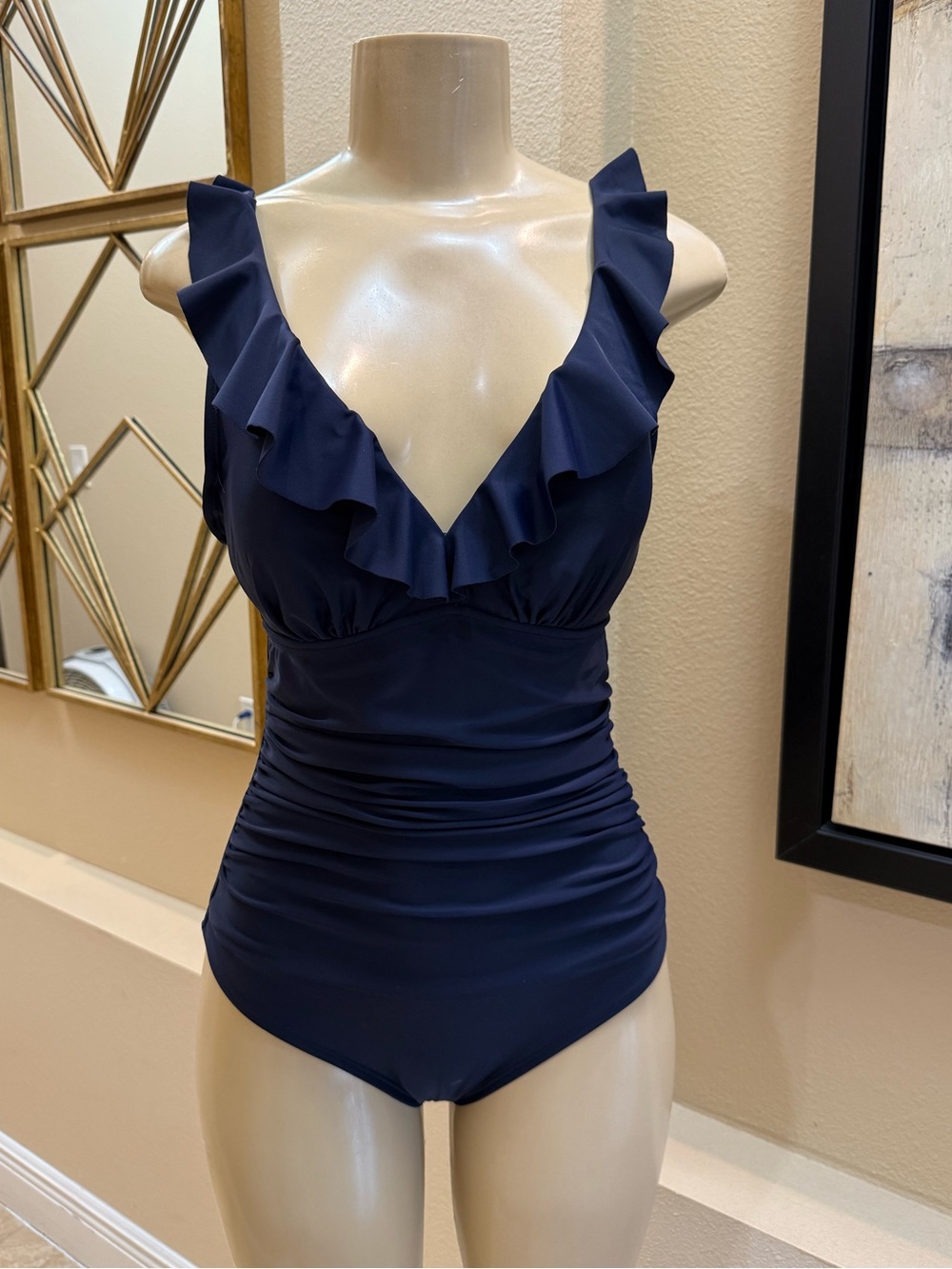 DKNY Women's Ruffle Plunge Underwire Tummy Control One-Piece Swimsuit. NWT